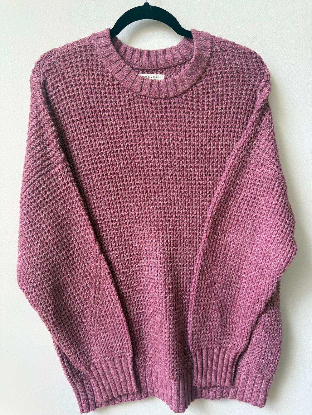 American Eagle Waffle Knit Sweater Womens M Mauve Pink Oversized Crewneck Cotton